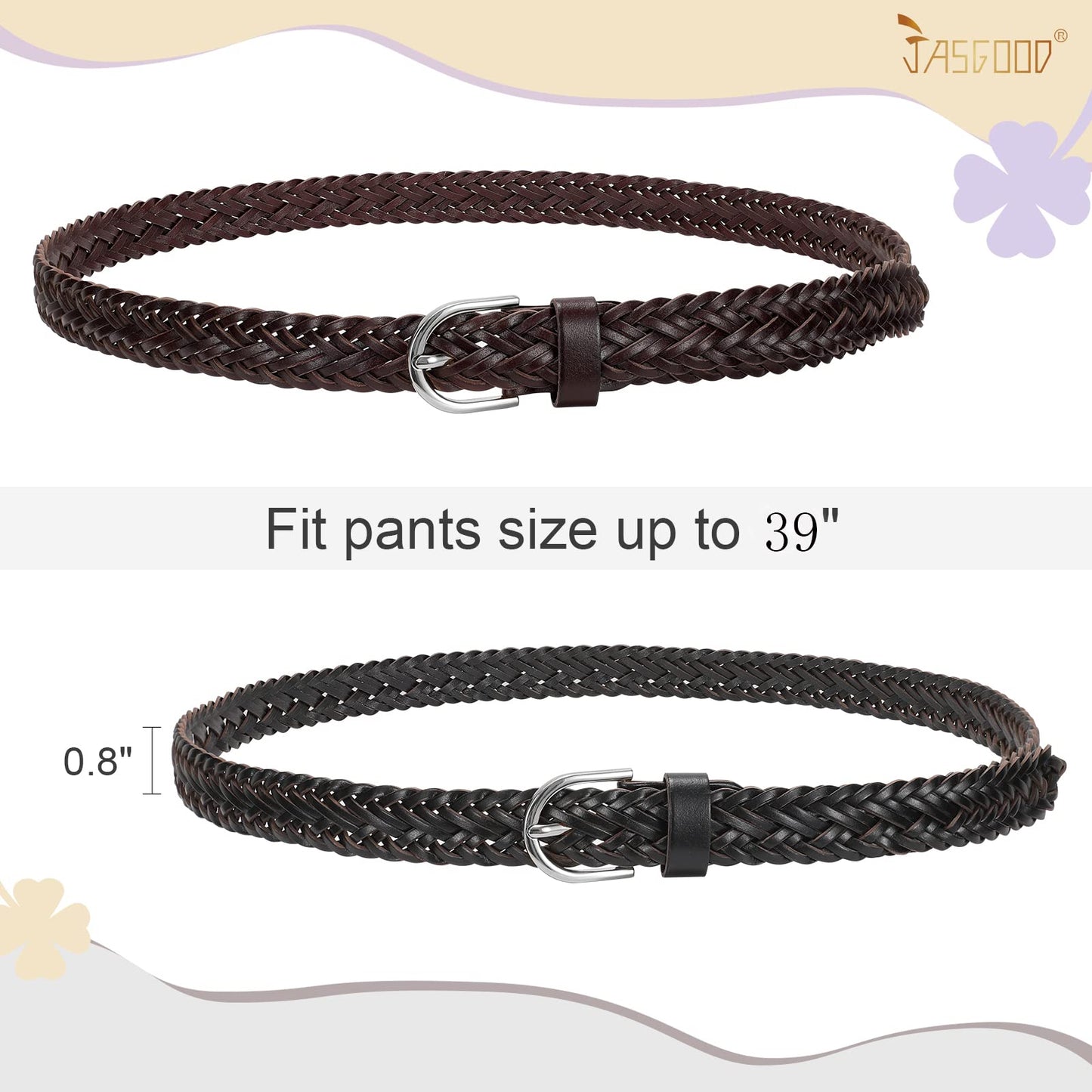 JASGOOD 2 Pack Women Skinny Leather Belts Thin Braided Leather Belts Casual Woven Waist Belt for Jeans Pants Dresses
