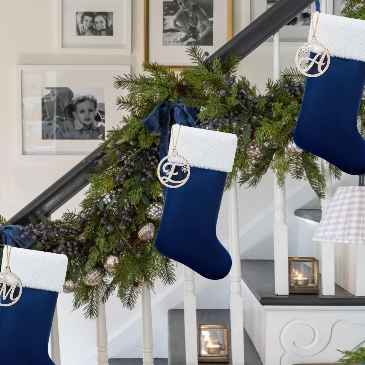 Pxniy Personalized Christmas Stocking, 19.5 Inch Blue Velvet Christmas Stocking with Gold Wooden Letter Ornament - Fireplace Holiday Decor (Blue M)