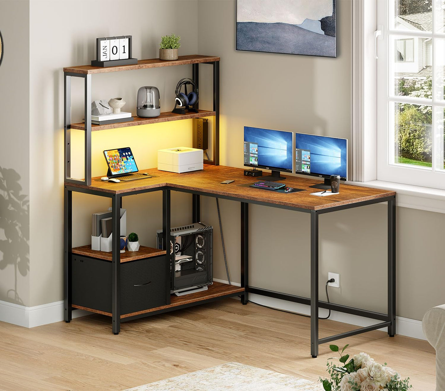 HOOBRO L Shaped Gaming Desk, 46 Inch Reversible Computer Desk with LED Light & Power Outlet, Office Desk with Storage Shelves & Drawer, for Home Office, Study, Rustic Brown and Black BF18UDDN01