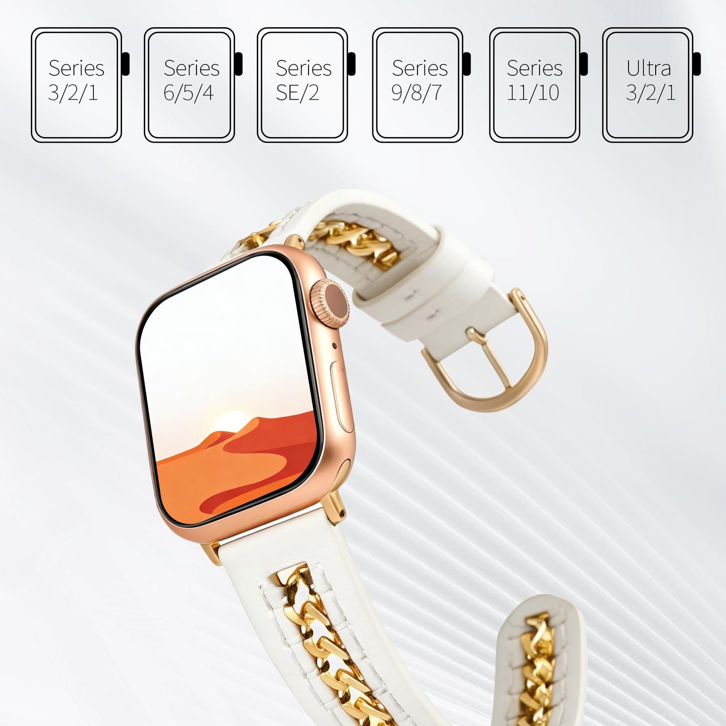 Handodo Italian genuine leather apple watch band with Gold Chain Details, Compatible with Apple Watch Series 11 10 9 8 7 6 5 4 3 2 1 SE SE2 Ultra 2/3, iwatch bands for women men 40mm 38mm 41mm 42mm 44mm 45mm 46mm, SGS Certified,white