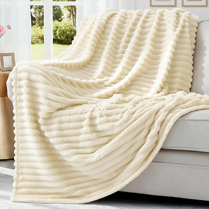 decorUhome Soft Fleece Beige Blanket Queen Size for Bed, Cozy Fluffy Plush Flannel Large Striped Throws for Couch Sofa, Lightweight Decorative Fuzzy Blanket for Woman, 90x90 Inches