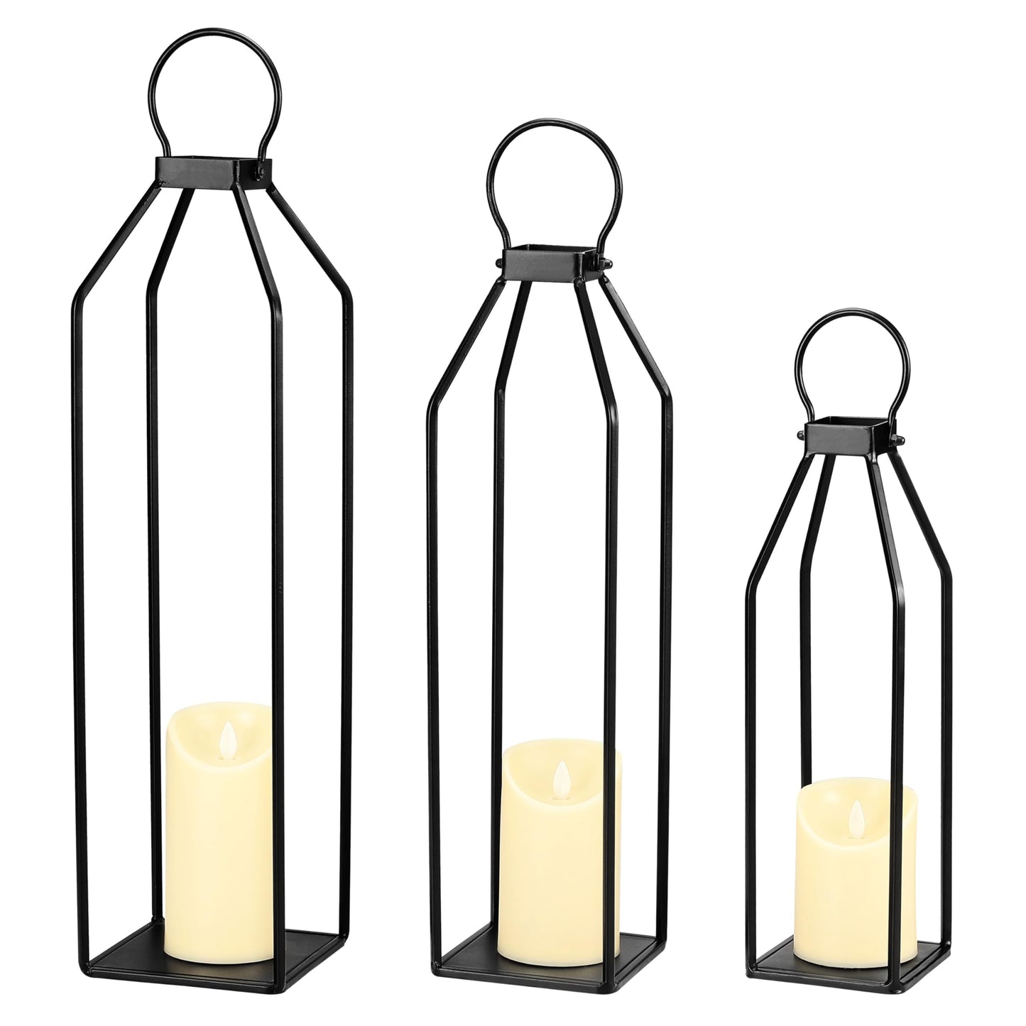 Perfnique Modern Farmhouse Lanterns, Set of 3 Black Metal Lanterns w/ 6hr Timer Flickering Flameless Candles, Decorative for Outdoor Decor, Front Porch, Indoor, Patio, Garden, Fireplace, Christmas