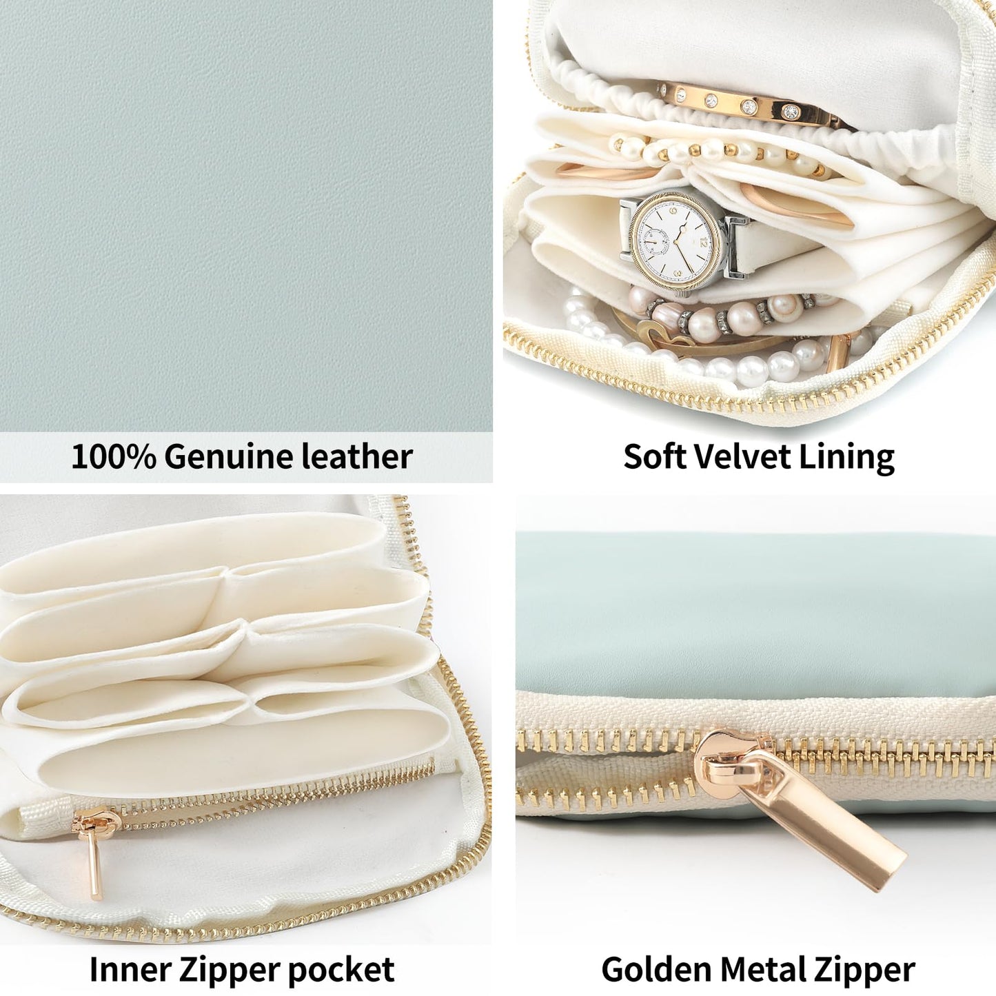 NGVRC Genuine Leather Travel Jewelry Organizer Case Pouch Bags with Zipper, Small Mini Portable Jewelry Storage Bag for Ring Earrings Necklace Bracelet Travel Essentials Gift for Women（Cyan）