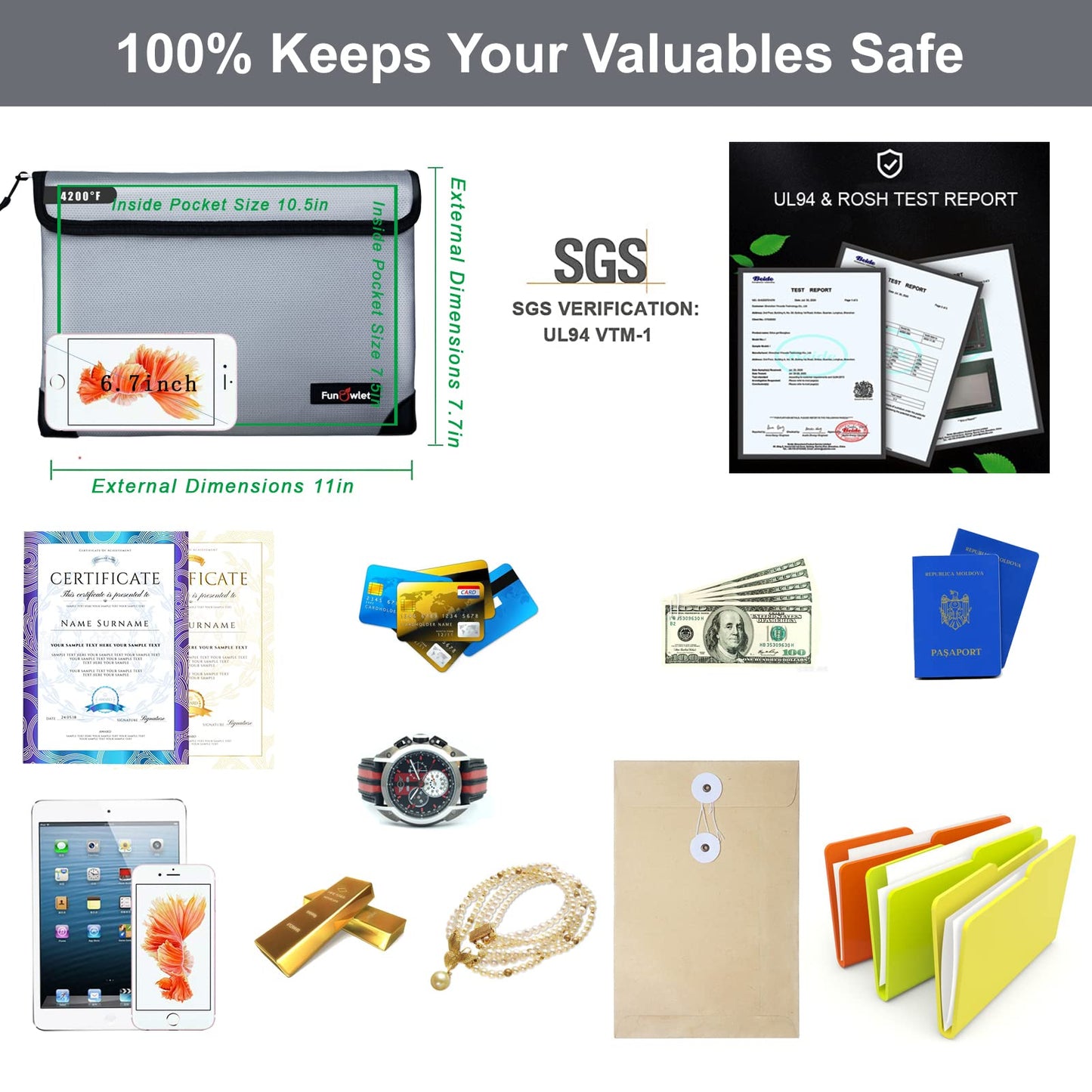 Fireproof Waterproof Money Document Bag - with 4200°F Heat Insulated, Safe Fireproof Storage Pouch with Zipper, Upgraded 8 Layers of Functional Materials for Documents,Valuables (11"x7.7", Gray)