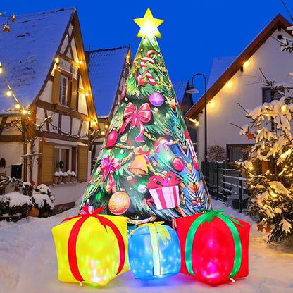 GOOSH 7.8 FT Christmas Inflatables Tree Outdoor Decorations Blow Up Christmas Tree Gift Box Yard with Colorful Light for Holiday Party Indoor Garden Lawn Decor (Pink)
