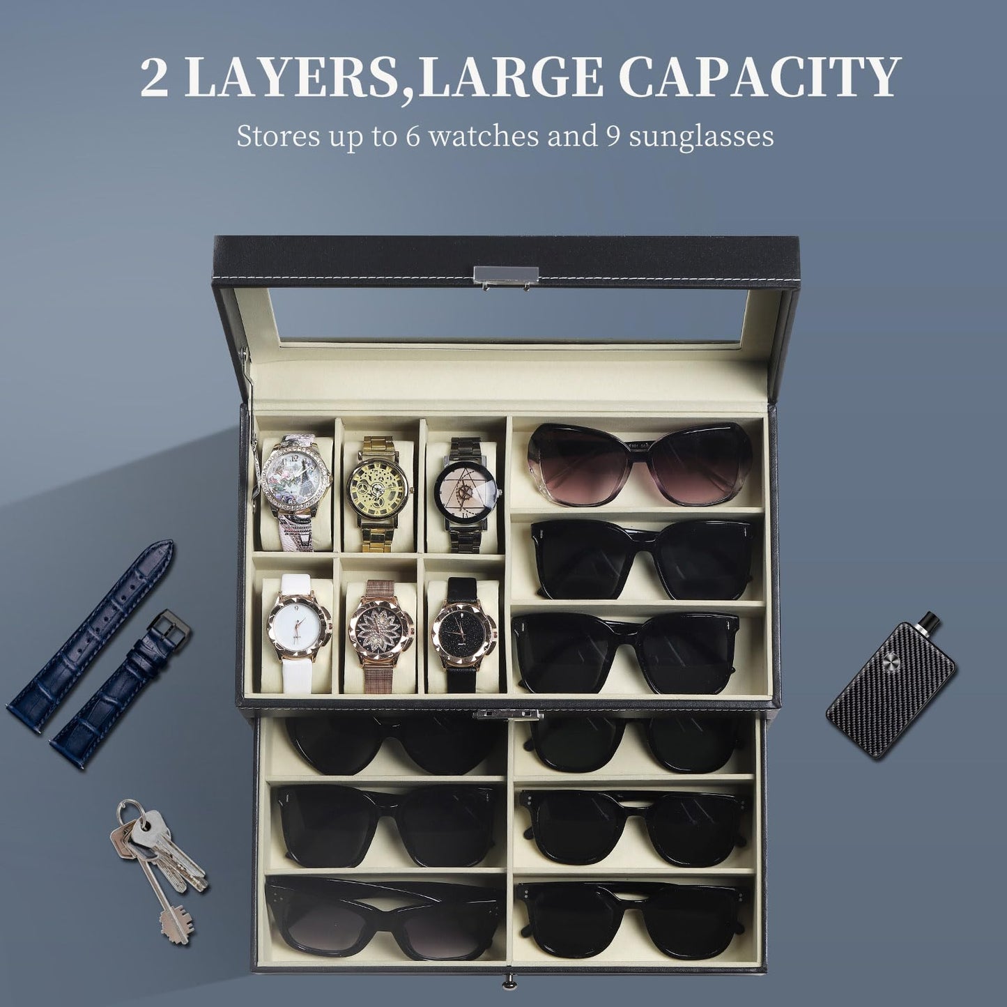AUTOARK Leather 6 Watch Box Jewelry Case and 9 Piece Eyeglasses Storage and Sunglass Glasses Display Drawer Lockable Case Organizer,Black,AW-048