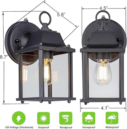 LIT-PaTH Dusk to Dawn Outdoor Wall Lantern, Wall Sconce Waterproof Porch Lighting Fixture, E26 Base, Aluminum Housing with Glass Shade, 1-Pack, Black