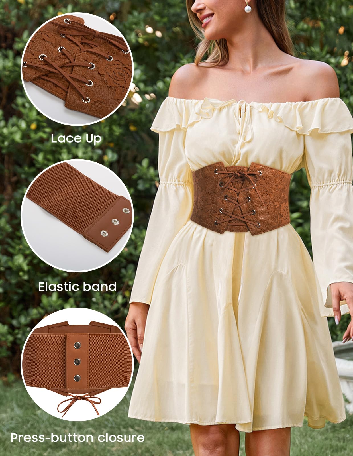 GRACE KARIN Women's Elastic Wide Waist Belt Renaissance Pirate Corset Cinch Belt Cosplay Costume with Press Button Coffee M