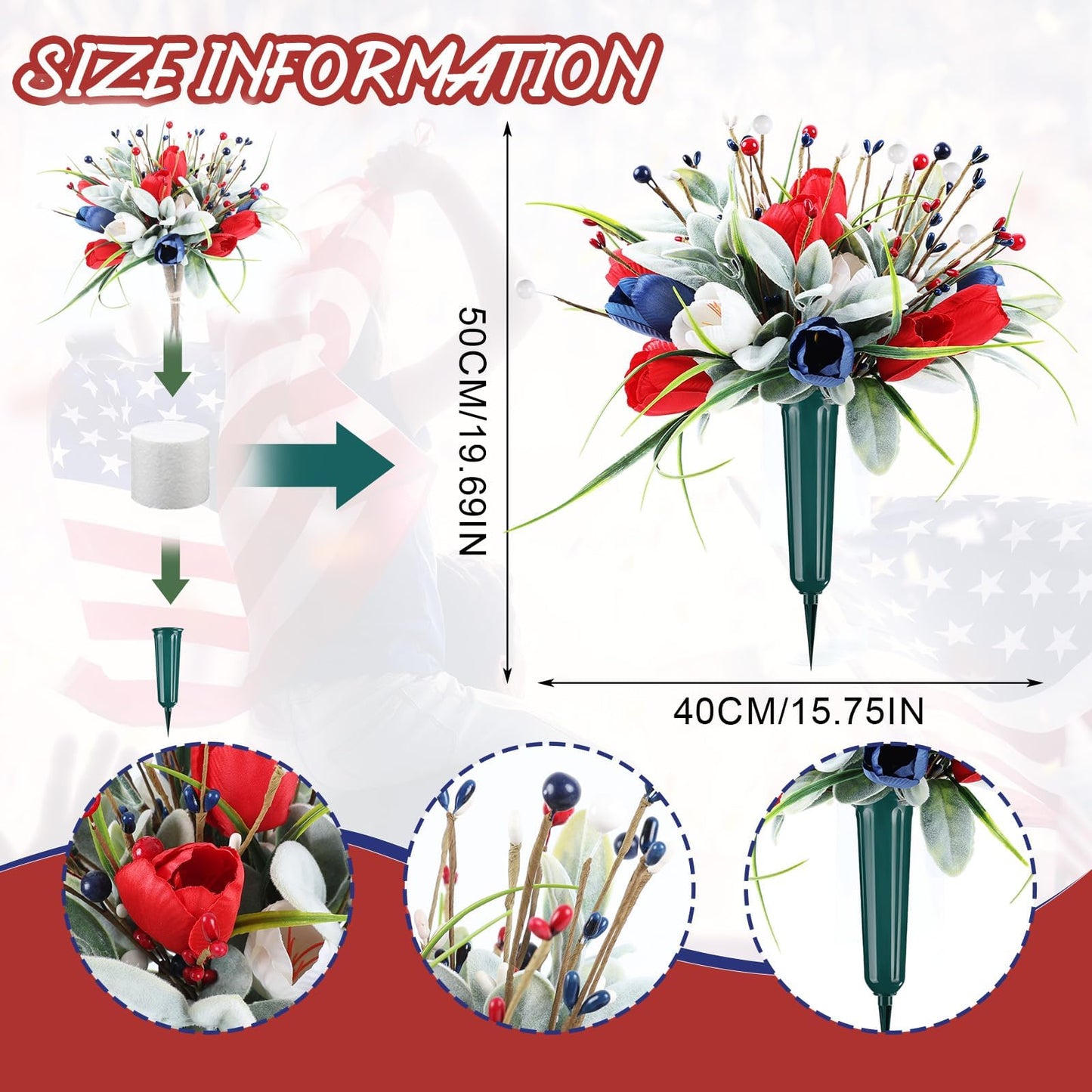 Memorial Day Flowers for Cemetery 2 Sets Artificial Patriotic Cemetery Flowers Red White Blue Roses with Berries & Lamb's Leaves for 250th Anniversary USA 4th of July Memorial Day Grave Outdoor Decor
