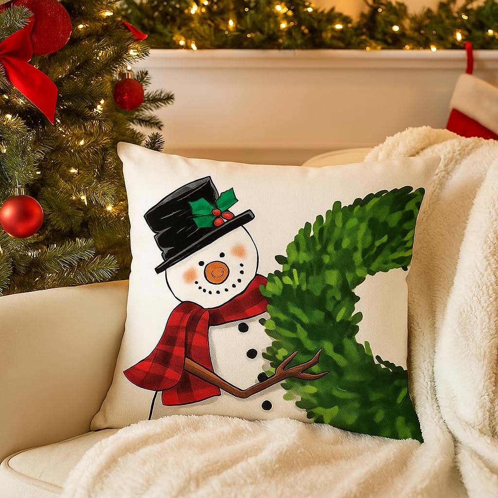 PSDWETS Christmas Pillow Covers 18x18 Inch Set of 4 Christmas Decorations Santa Claus Snowman Pillows Winter Holiday Throw Cushion Case for Couch Sofa