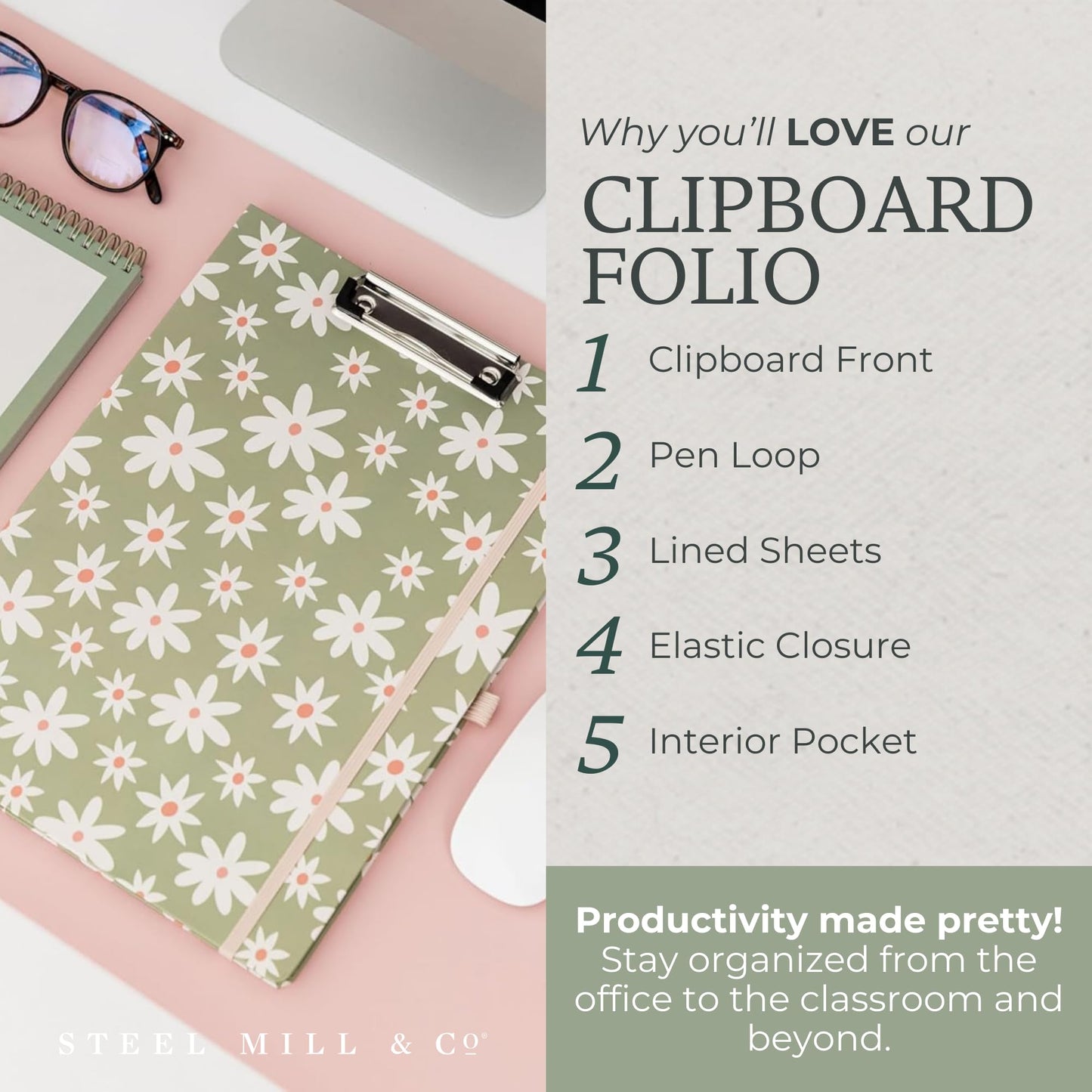 Steel Mill & Co Cute Clipboard Folio with Refillable Lined Notepad and Interior Storage Pocket, Padfolio for Work, Daisy Floral Green
