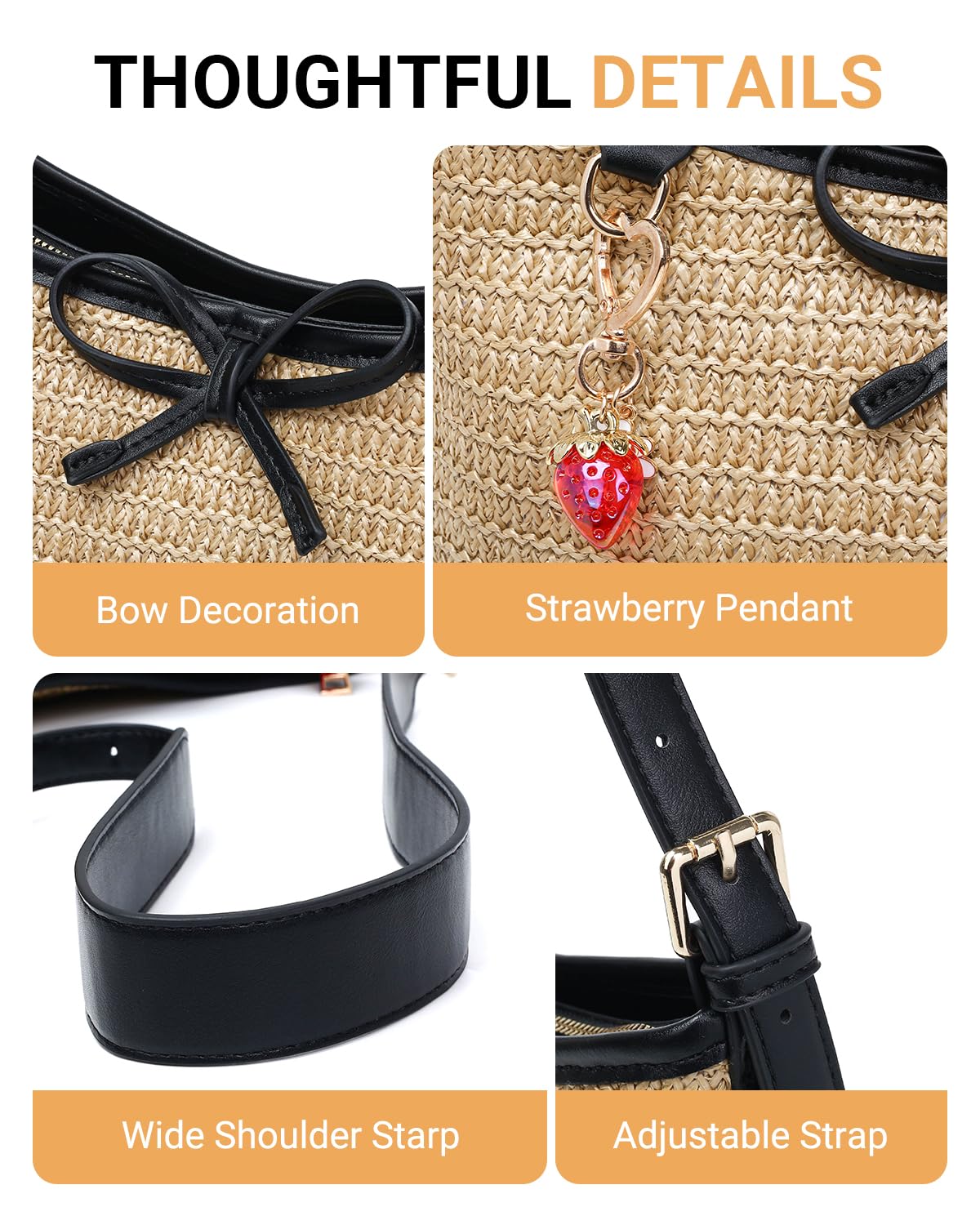 Herald Straw Woven Purse for Women, Summer Beach Hobo Raffia Crossbody Bag Shoulder Handbag Tote with Adjustable Strap (Black)