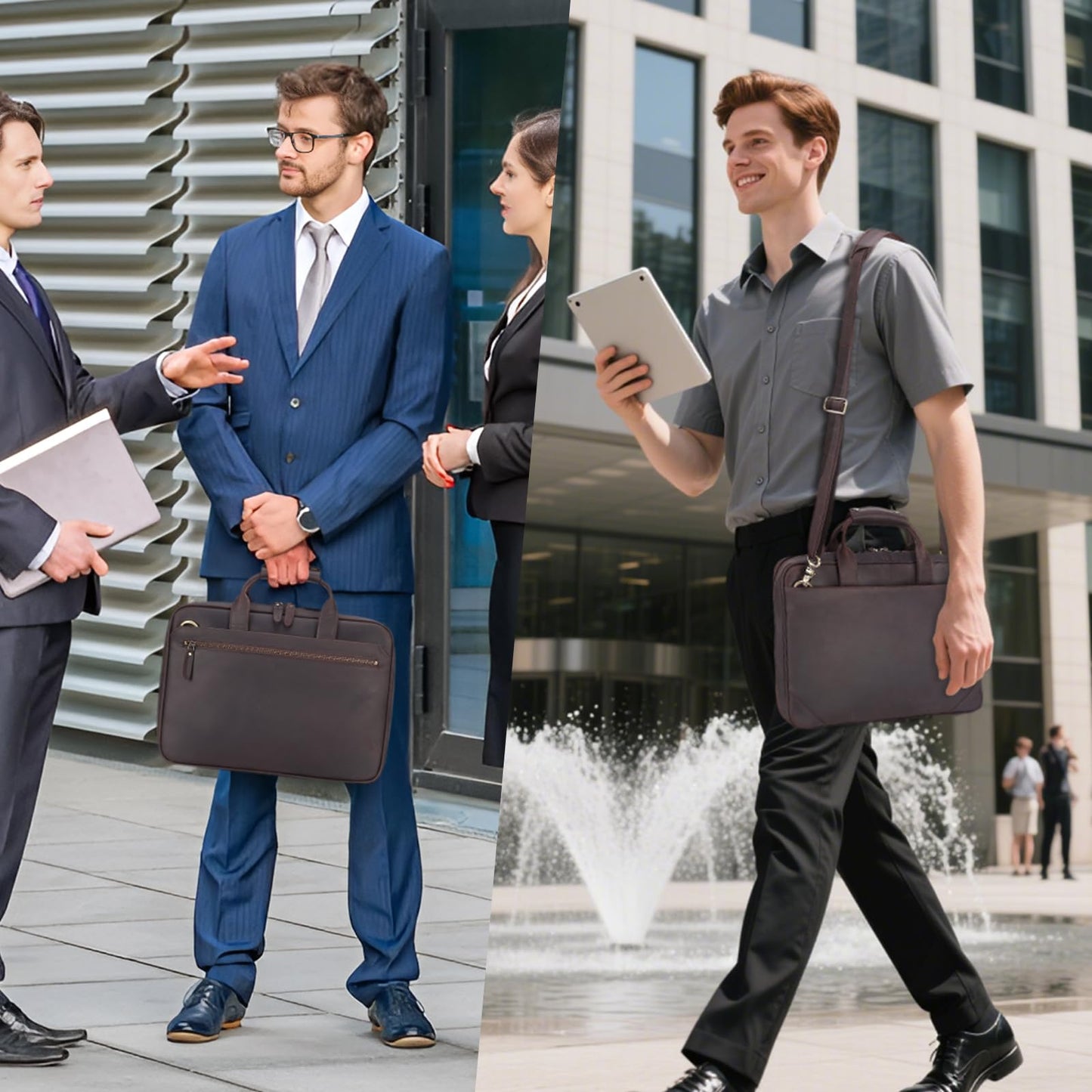 Masa Kawa Leather Slim Briefcase for Men Fits 14" Laptop, Crossbody Shoulder Messenger Computer Bag Vintage Business Work Lawyer Attache Case