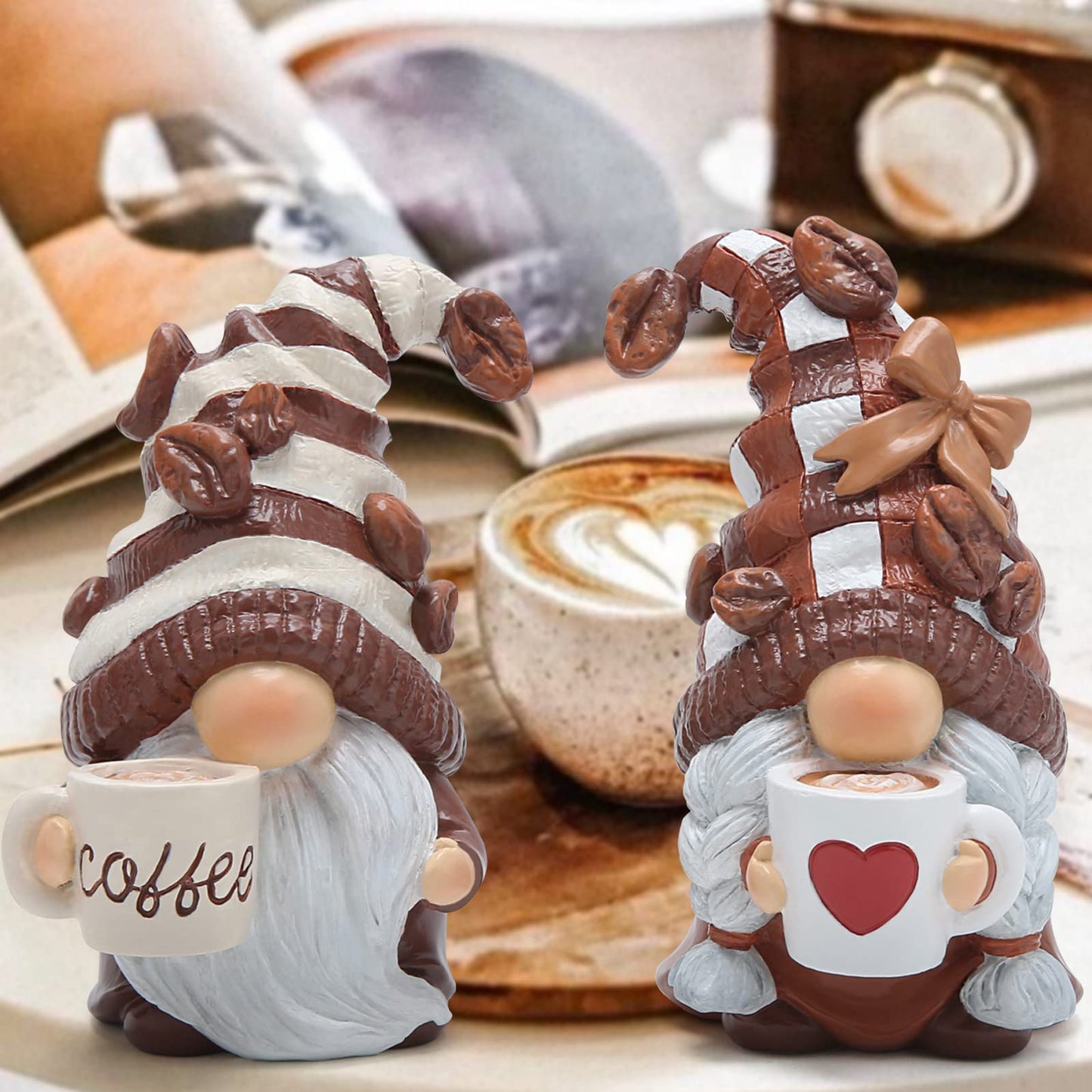 Hodao Gnome Decor Set of 2 Resin Coffee Lover Gifts with Mug, Cute Tiered Tray Figurines for Kitchen Shelf, Farmhouse Countertop, Desktop Accent, Spring Home Display