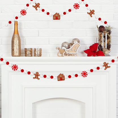 JarThenaAMCS 8.2Ft Christmas Felt Banner Hanging Garland 3D Gingerbread Man & House Red White Pom Ball Banner for Home Mantel Wall Window Decor Party Supplies