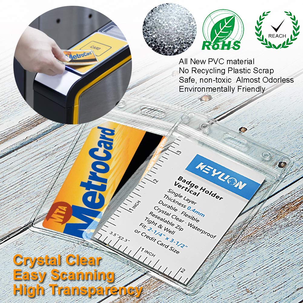 KEYLION 100 Pack ID Card Name Badge Holder, Heavy Duty Clear Transparent Plastic PVC Vertical Sleeve Pouch with Waterproof Type Resealable Zip