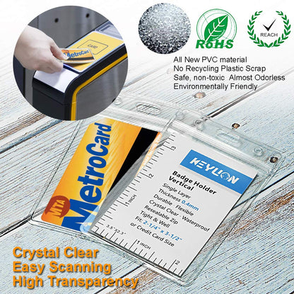 KEYLION 100 Pack ID Card Name Badge Holder, Heavy Duty Clear Transparent Plastic PVC Vertical Sleeve Pouch with Waterproof Type Resealable Zip