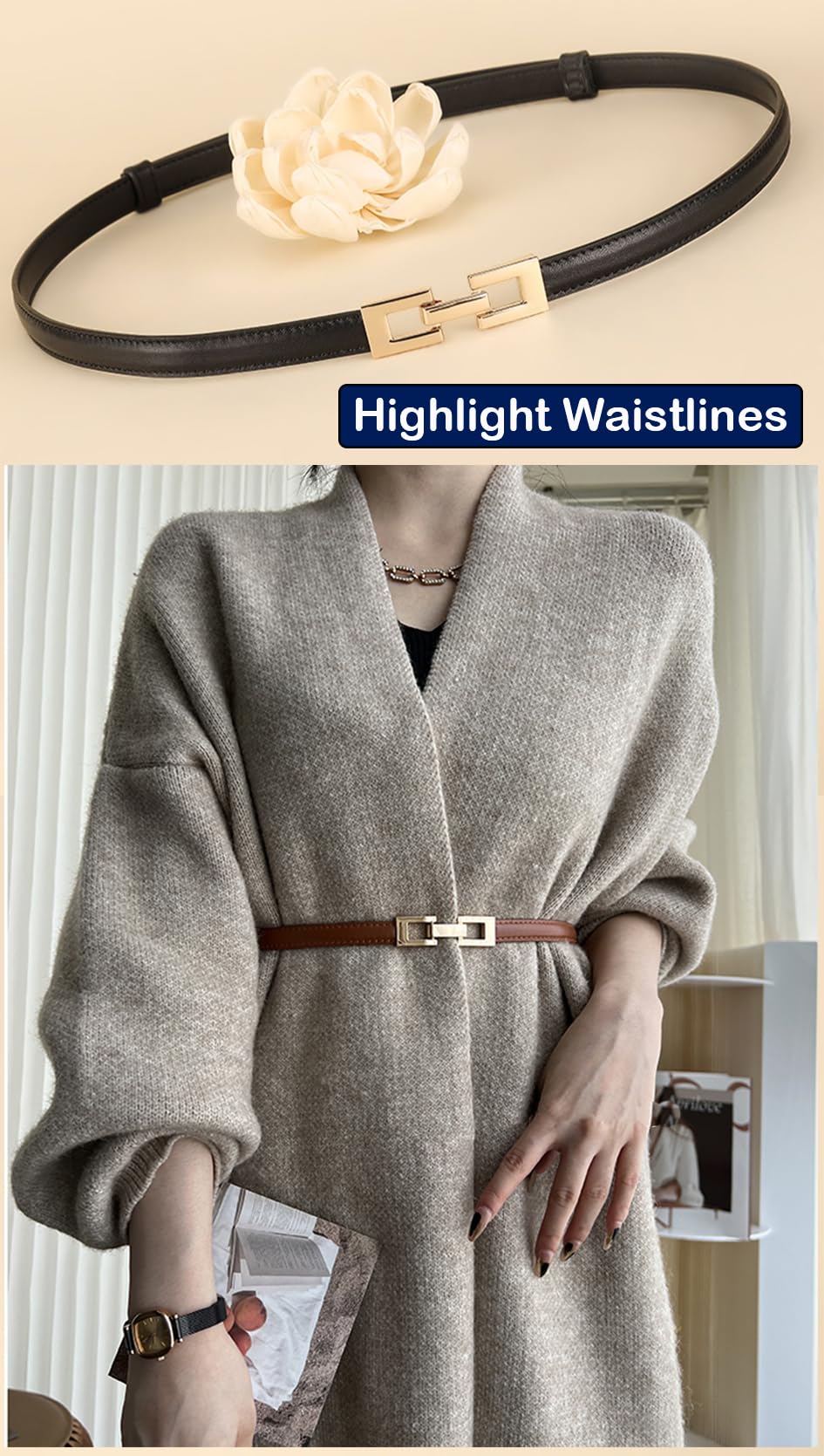 ALAIX 2Pack Skinny Leather Belts for Women Dress Belts Thin Waist Belt with Gold Buckle Adjustable Women's Belt