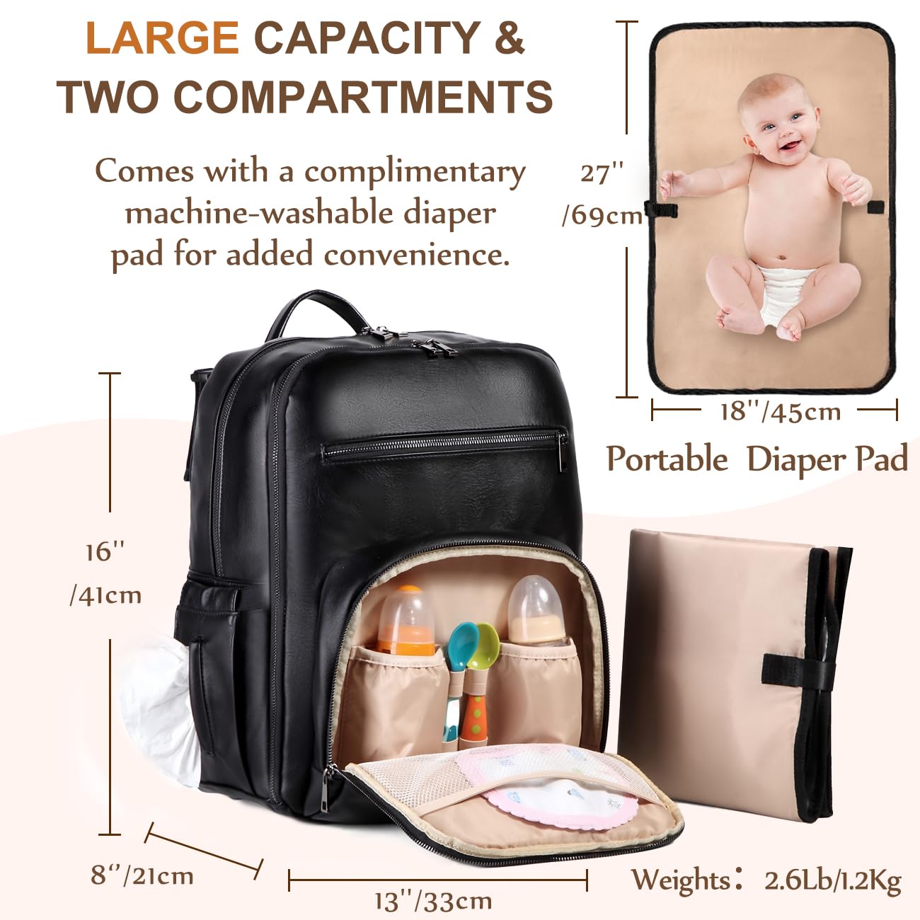 VASCHY Diaper Bag Backpack for Mum Dad, Unisex Large Waterproof Vegan Leather Baby Bag with Changing Pad,Insulated Pockets,Padded Laptop Sleeve for Travel,Black