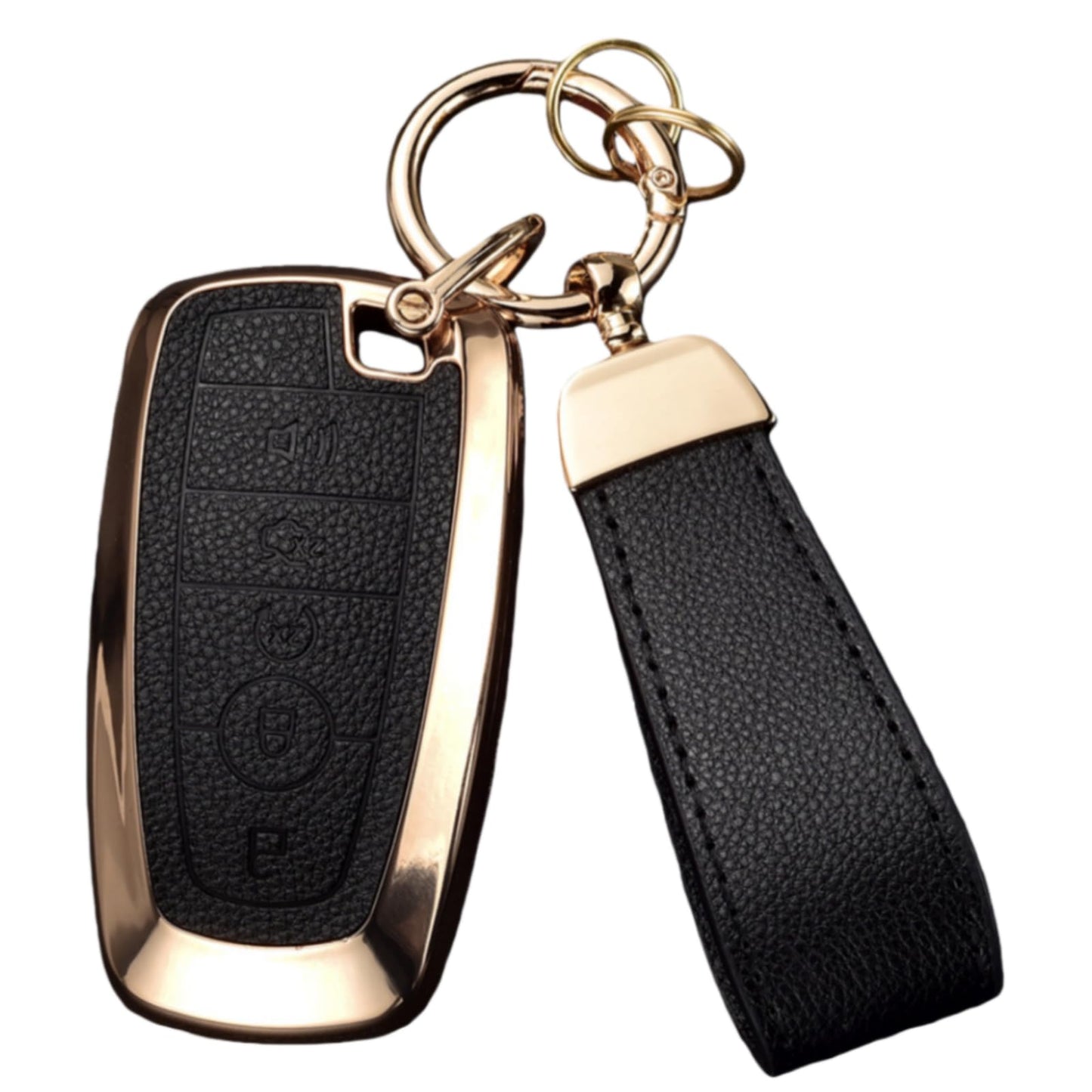 WiiLemz Key Fob Cover for Ford with Keychain, Upper Leather + Soft TPU Key Cover Case for Explorer Fusion Escape Edge Expedition F150 F250 F350 F450 F550 Maverick Mustang (5-Buttons, Black)