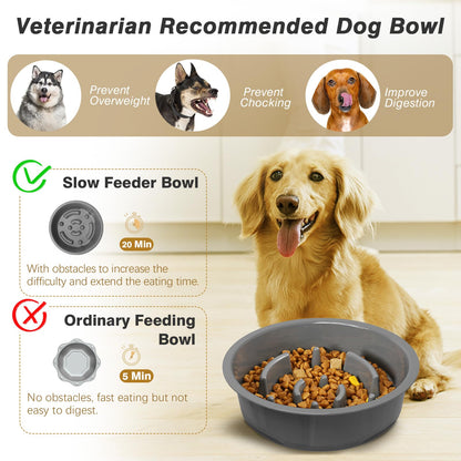 Lewondr Elevated Slow Feeder Bowls, Adjustable Dog Slow Feeder with 3 Heights (6.1", 7.7", 9.3") Non-Slip Stand for Medium Large Breed Dogs, Grey
