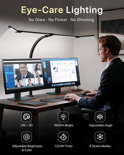 ONEMIX 42" LED Desk Lamp with Clamp, Architect Desk Light with Remote, Adjustable 4-Segment Bar, 1800LM Bright, Eye-Caring Desk Lamp for Home Office, Reading, Study, Dual Monitors, Workbench(Black)