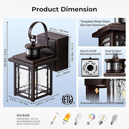 2-Pack Porch Light with GFCI Outlet, Motion Sensor Outdoor Wall Light Wall Mount, Oil Rubbed Bronze Exterior Lighting Fixtures, Anti-Rust Outdoor Lantern Wall Sconce for Garage, Patio, Balcony