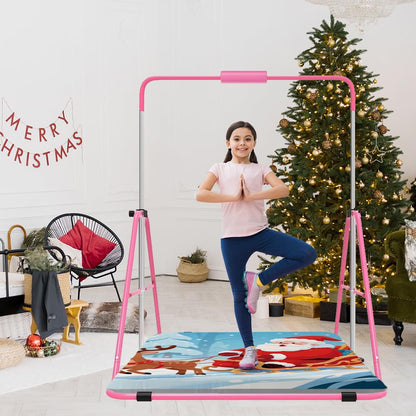 Jivifao Gymnastics Bar with Self-Inflating Mat for Kids, Adjustable Height Gymnastic Horizontal Bars with Mat, Folding Gymnastic Training Monkey Bars, Junior Expandable Training Kip Bar for Home