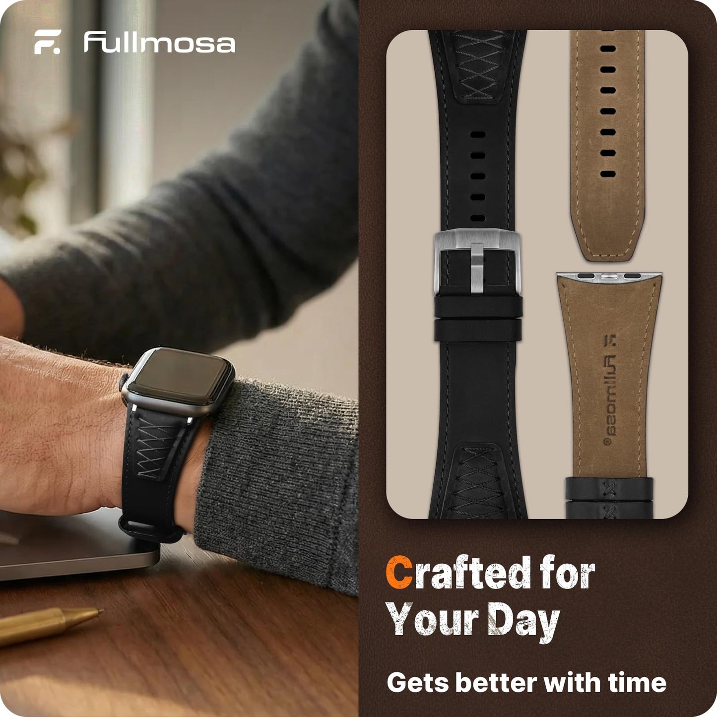 Fullmosa Leather Band Compatible with Apple Watch Ultra 3/2/1 Band 49mm 46mm 45mm 44mm 42mm Men, Top Grain Leather Replacement Strap for iWatch series 11 10 9 8 7 6 5 4 3 2 1, SE 3 2 1,Black+Silver