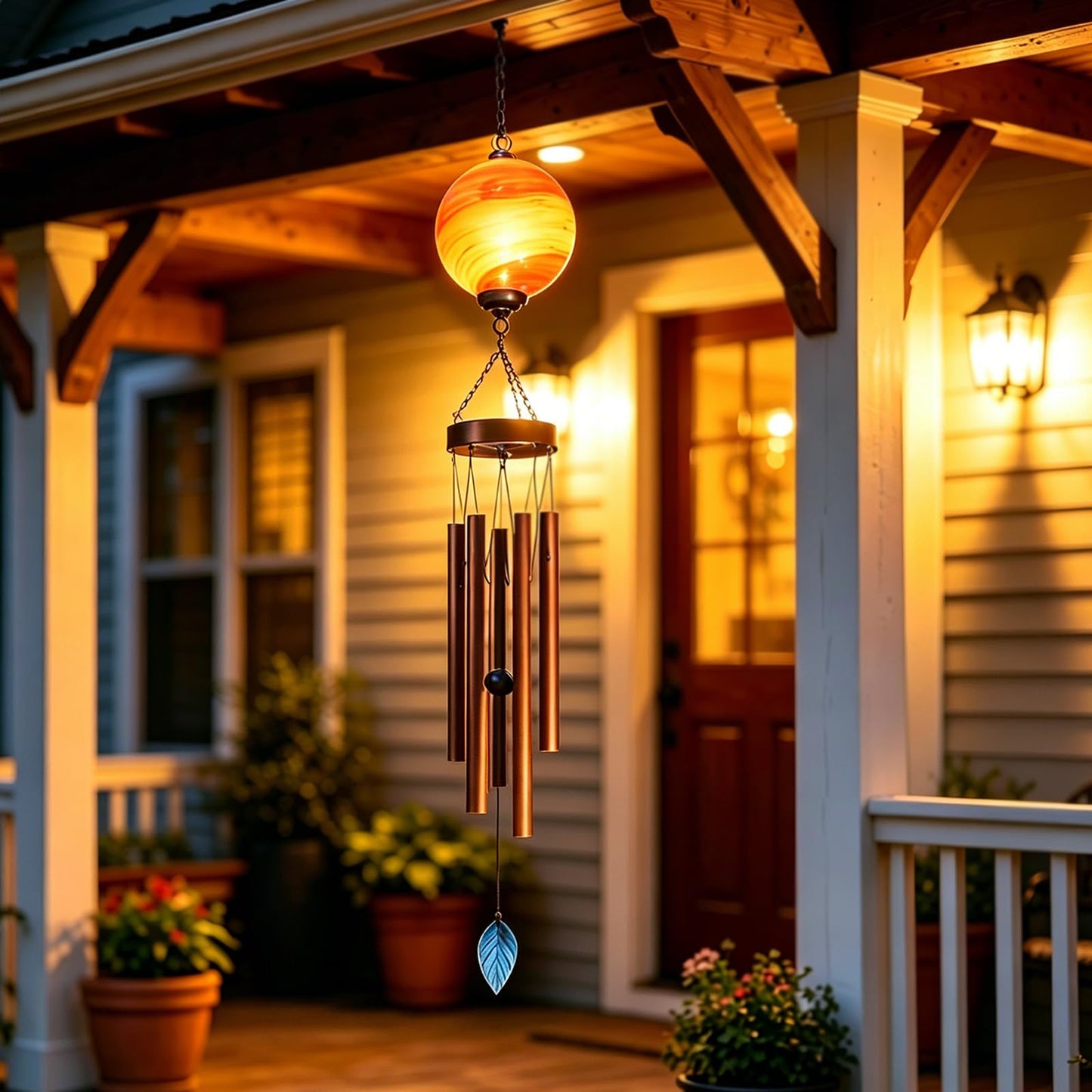 MUMTOP Solar Wind Chime for Outsides, 35" Glass Windchimes with Solar LED Lights Decorative Hanging Wind Bell for Porch Patio and Garden Decor, Orange