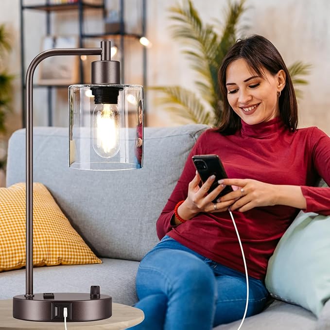 Lynnoland Set of 2 Oil Rubbed Bronze Table Lamps with USB C+A Ports and Outlet, Fully Stepless Dimmable Bedside Lamps, Industrial Desk Lamps with Clear Glass Shade for Living Room (2 LED Bulb)