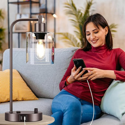 Lynnoland Set of 2 Oil Rubbed Bronze Table Lamps with USB C+A Ports and Outlet, Fully Stepless Dimmable Bedside Lamps, Industrial Desk Lamps with Clear Glass Shade for Living Room (2 LED Bulb)