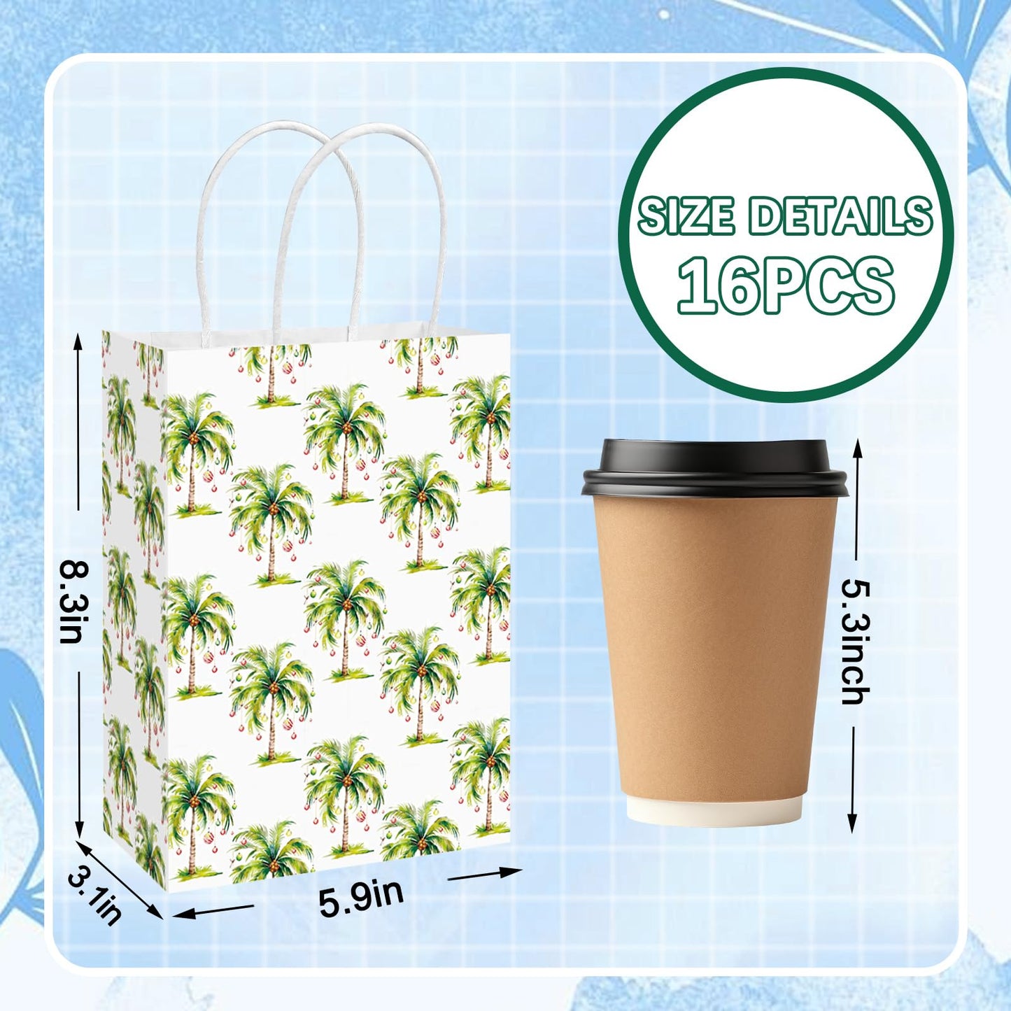JarThenaAMCS 16 Pcs Summer Christmas Paper Gift Bag Watercolor Xmas in July Coconut Tree Santa Claus Treat Bags with Handles Tissue Paper Tropical Candy Goodie Bags for Holiday Party Favors Supplies