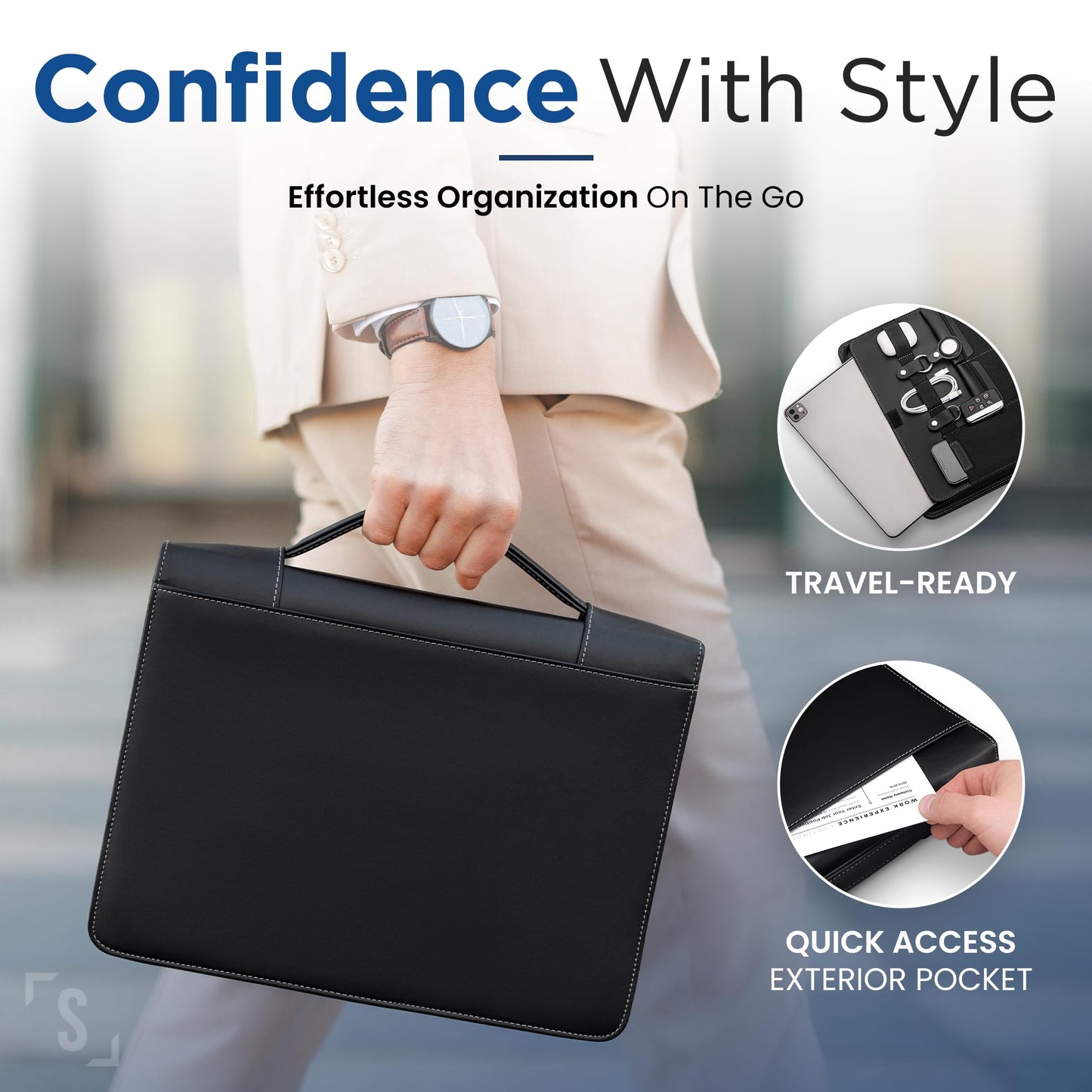 STYLIO Zipper Portfolio Binder with Carrying Handle | Removable 3-Ring Binder (1") w/Clipboard Padfolio | Organizer for Documents, iPad, Tablet, Phone, Notebook| Business Leather Folio for Men Women