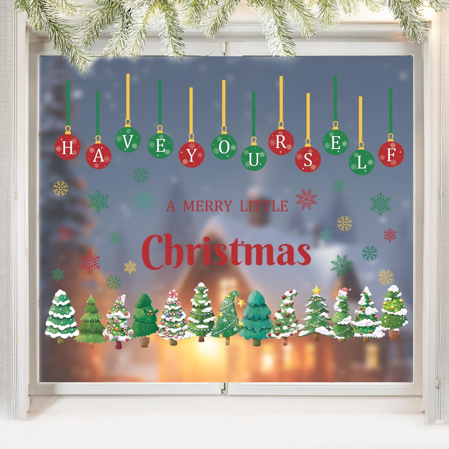 TOARTi Have Yourself A Merry Little Christmas Window Decal Double-Sided Xmas Small Pine Tree Window Cling Merry Christmas Pine Trees Wall Sticker Xmas Tree Ball Sticker Winter Holiday Party Supplies