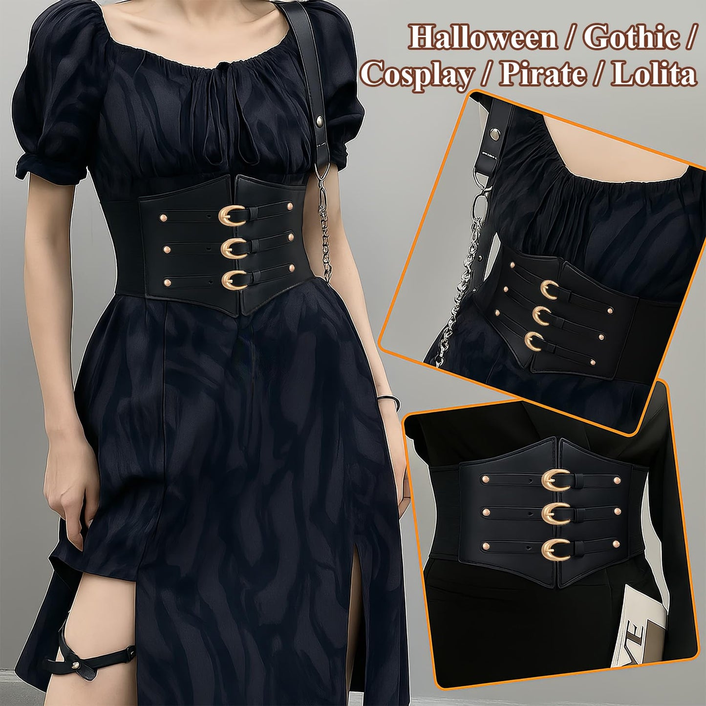 JKEEMI Women Corset Belt Wide Stretchy Waspie Elastic Waist Belt with Gold Buckle for Daily Cosplay Halloween Costume
