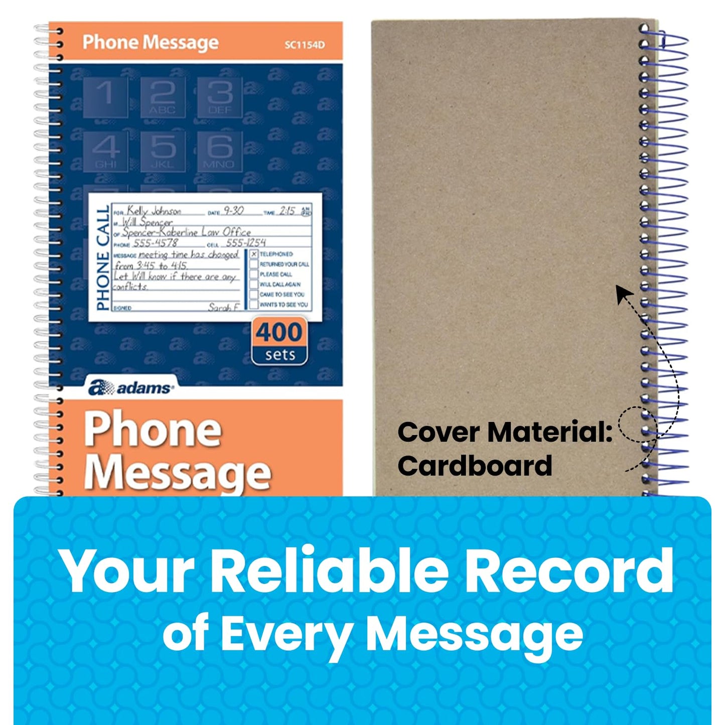 Adams Phone Message Book, 5.25 x 11 Inch, Spiral Bound, 2-Part, Carbonless, 4 Messages per Page, 400 Sets, 2-Pack, White and Canary (S1154-2D)