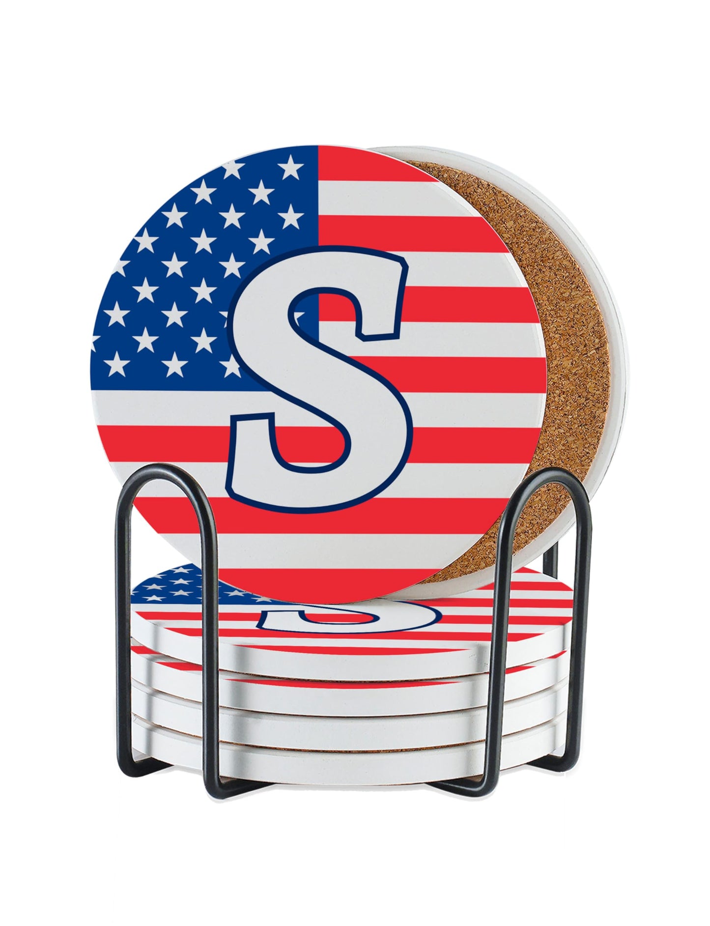 Onebttl Monogram Initial Gifts - Patriotic American Flag Ceramic Coaster Set of 6 - with Holder and Absorbent Cork Base - S