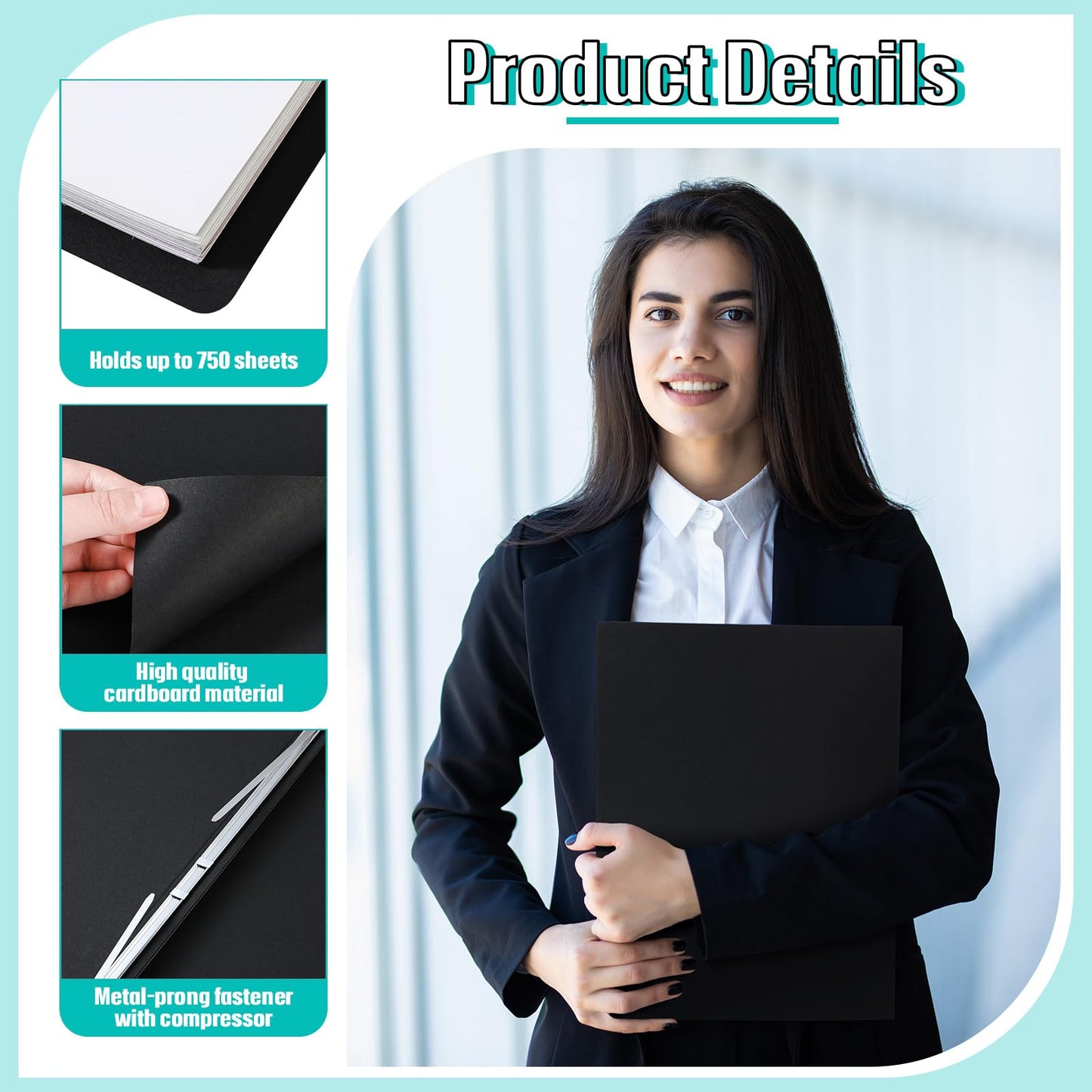 Dunzoom 50 Pcs 8.5'' x 11'' Pressboard Report Cover, 3'' Capacity Metal Prong Fastener with Compressor, Letter Size, Presentation Folder to Neatly Bind Report, Proposal Document (Black)