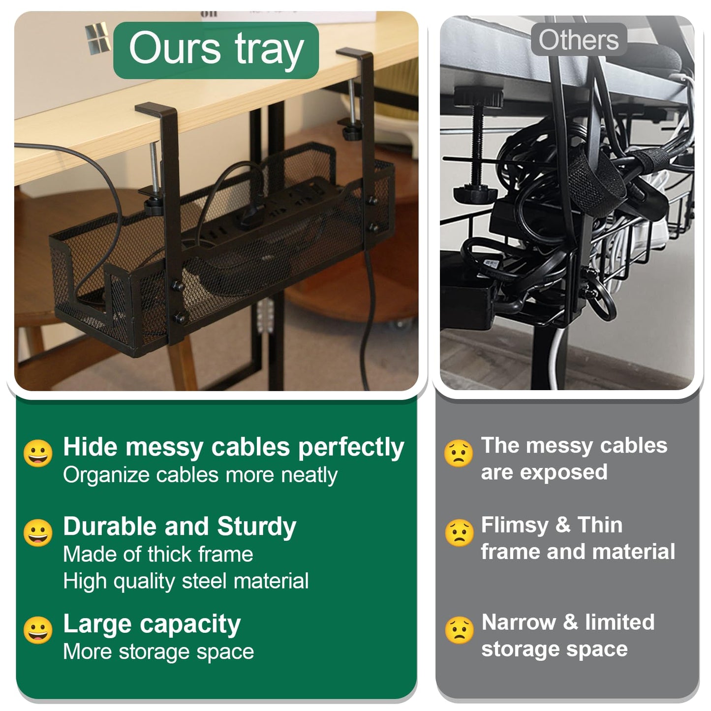No Drill Under Desk Cable Management Tray with clamp-Premium Wire Tray Cord Organizer – Thin Steel Cable Tray Basket with Charger Holder for Desk–Black Cable Management Box–Easy to Install