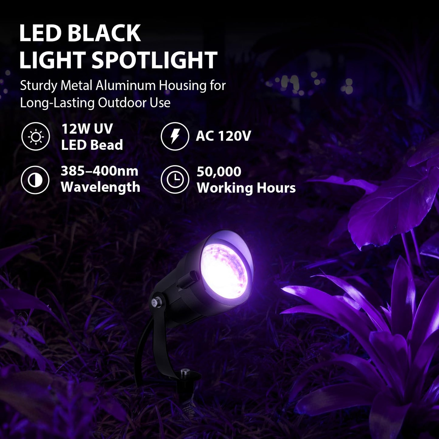 12W LED Black Light Outdoor UV Spotlight, IP65 Waterproof Blacklight Spot Lights, 385-400nm, Plug-in Landscape Lighting with US Plug for Glow Party Body Paint Fluorescent Poster Neon Decor (2 Pack)