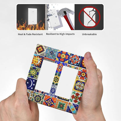 Traditional Colorful Talavera Mexican Spanish Moroccan Tiles Double Rocker Light Switch Cover 2 Gang Wall Plate Covers Decorative Electrical GFCI Outlet Plates for Home Bathroom Kitchen Decor