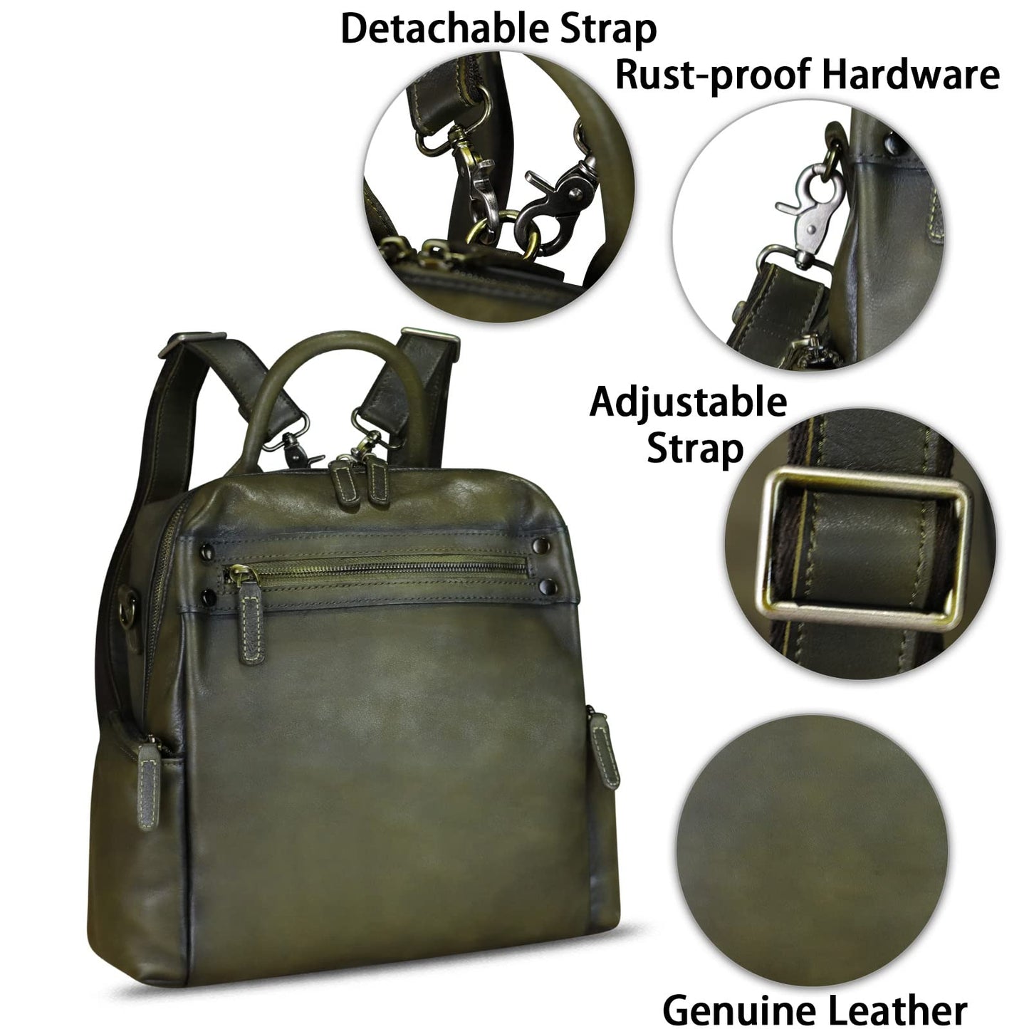 Genuine Leather Backpack Purse for Women Vintage Casual Daypack Knapsack Handmade Rucksack Convertible Shoulder Bag (Green) Medium