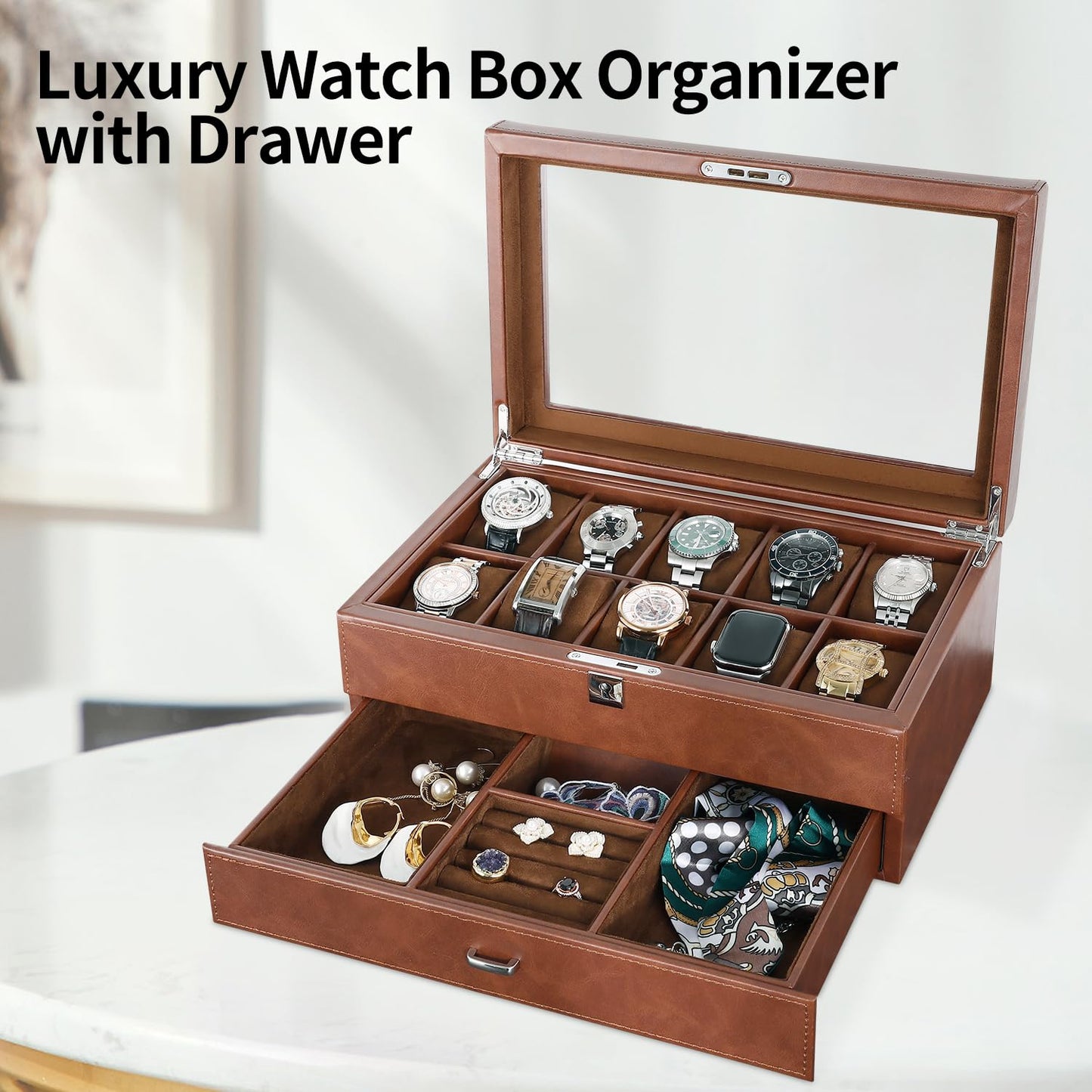 HELMDY Leather Watch Box with Drawer-10 Slots Locking Jewelry Watches Holder for Men-Luxury Watch Case Display Organizer-2 Tier Organizer Watch Showcase-Storage Case