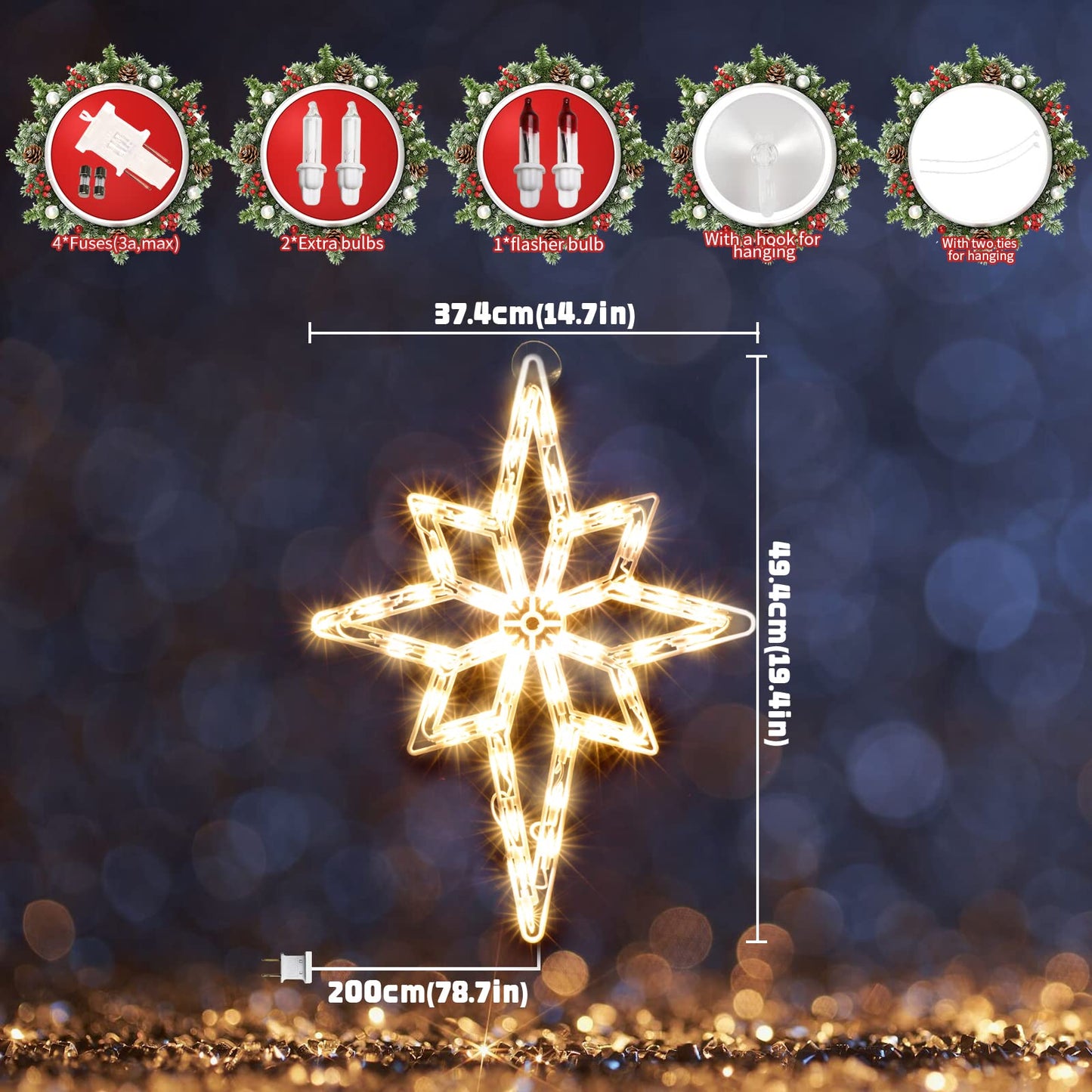 XMASLAND 19 Inch Christmas Window Silhouette Lights Decorations, 50L Christmas Sculpture,Including:Bethlehem Star x1