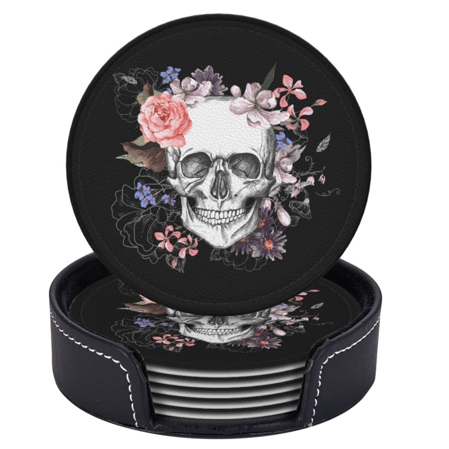 Niukom 6 Pcs Sugar Skull Flower Leather Coasters for Drinks with Holder Coaster Sets Drink Table Cup Coasters for Living Room Kitchen Coffee Decor