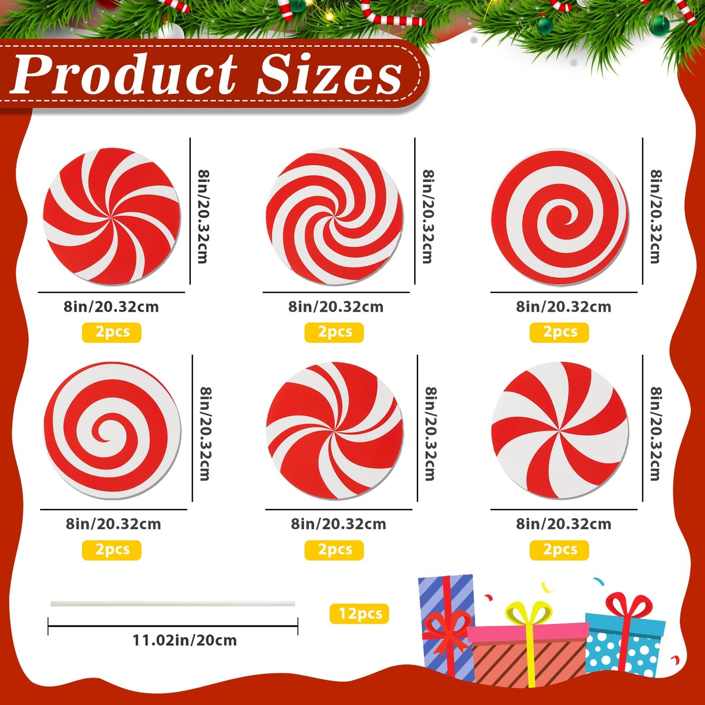 12Pcs Large Candy Christmas Tree Decorations Peppermint Lollipop Christmas Picks for Tree, 7.87" Red and White Candy Ornaments, Plastic Candyland Tree Topper for Xmas Holiday Party Vase Decor