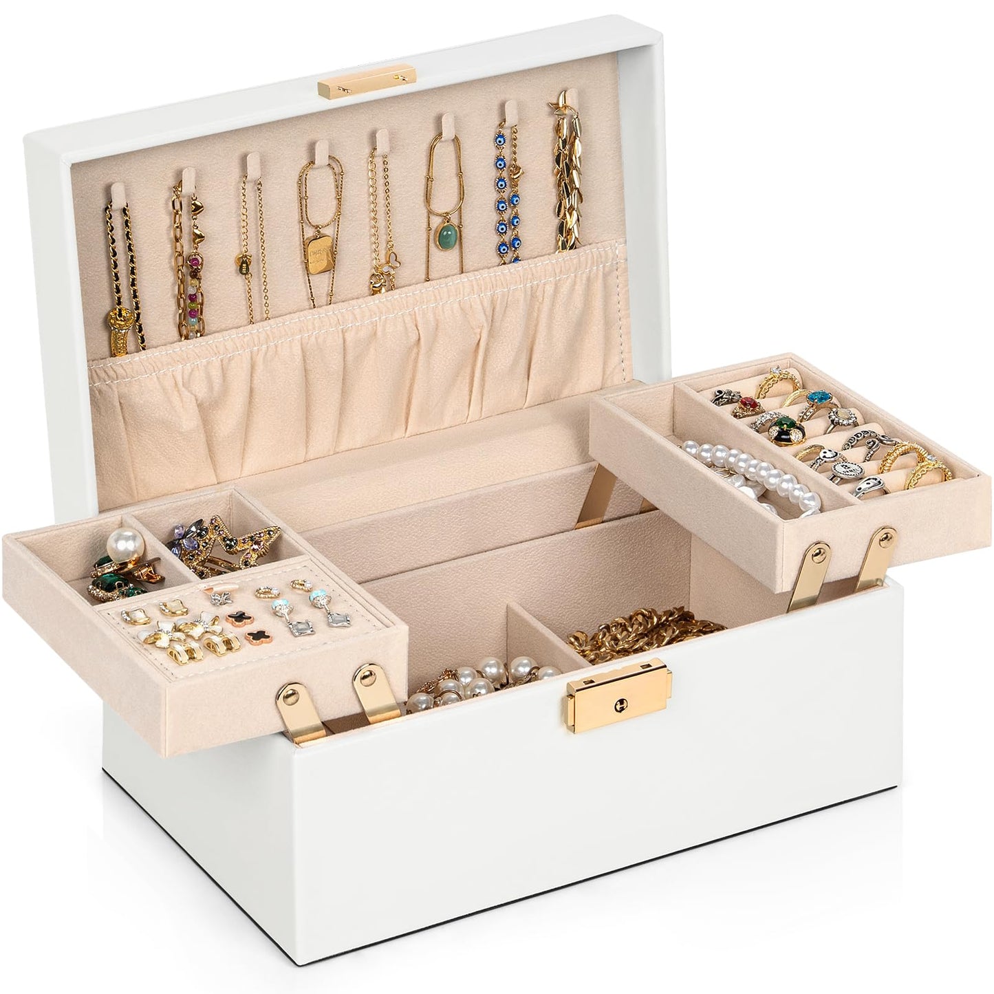 AKOZLIN Travel Jewelry Box Organizer Functional 2-trays Leather Jewelry Storage Case with Lockable Portable for Women Girls Ring Necklace Earring Bracelet