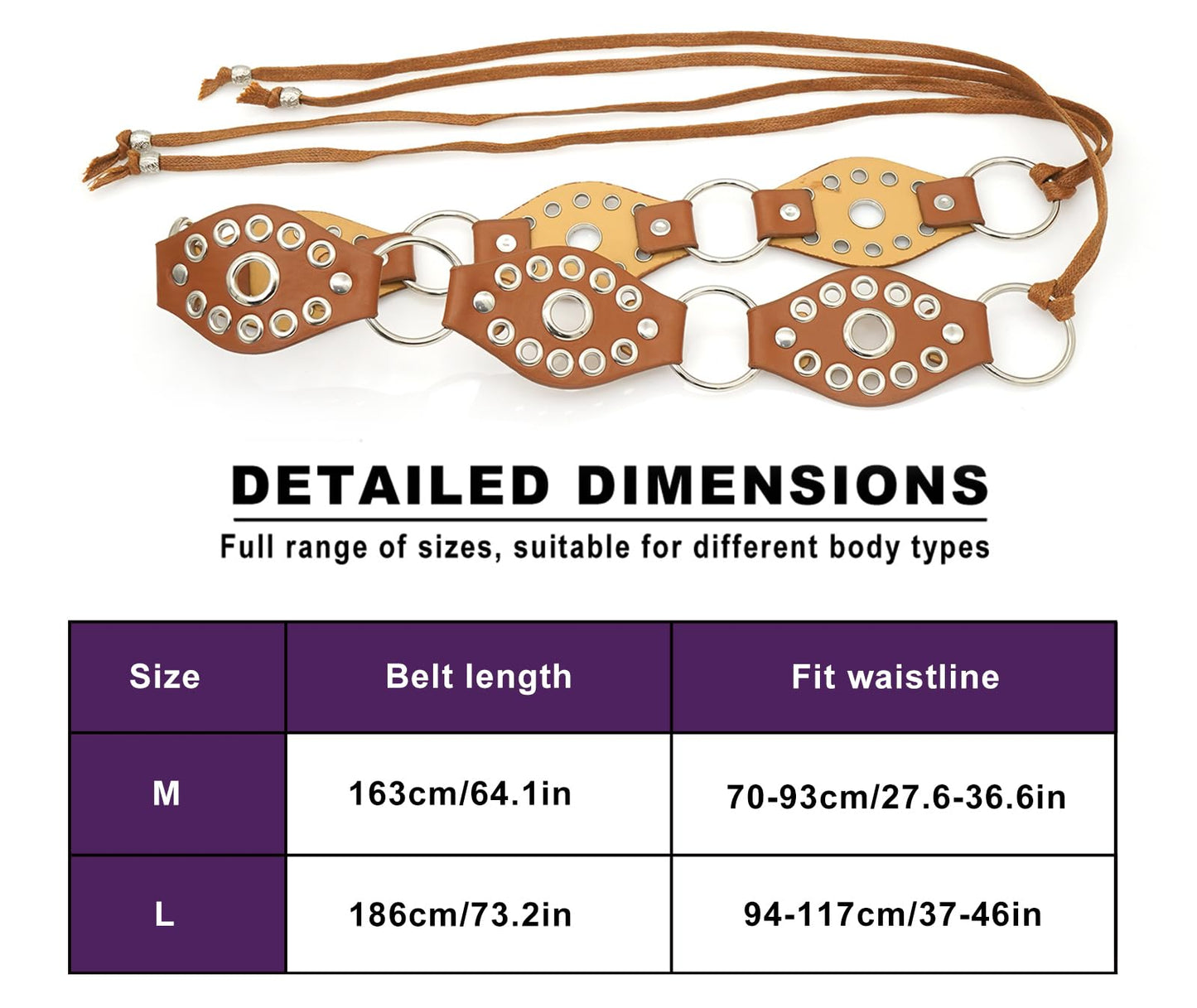 Buywis Women Knotted Waist Belt Punk Rivet Ring PU Leather Belts Bohemian Style Tassel Belt for Dresses Brown Fit Waist 27.6"-36.6"