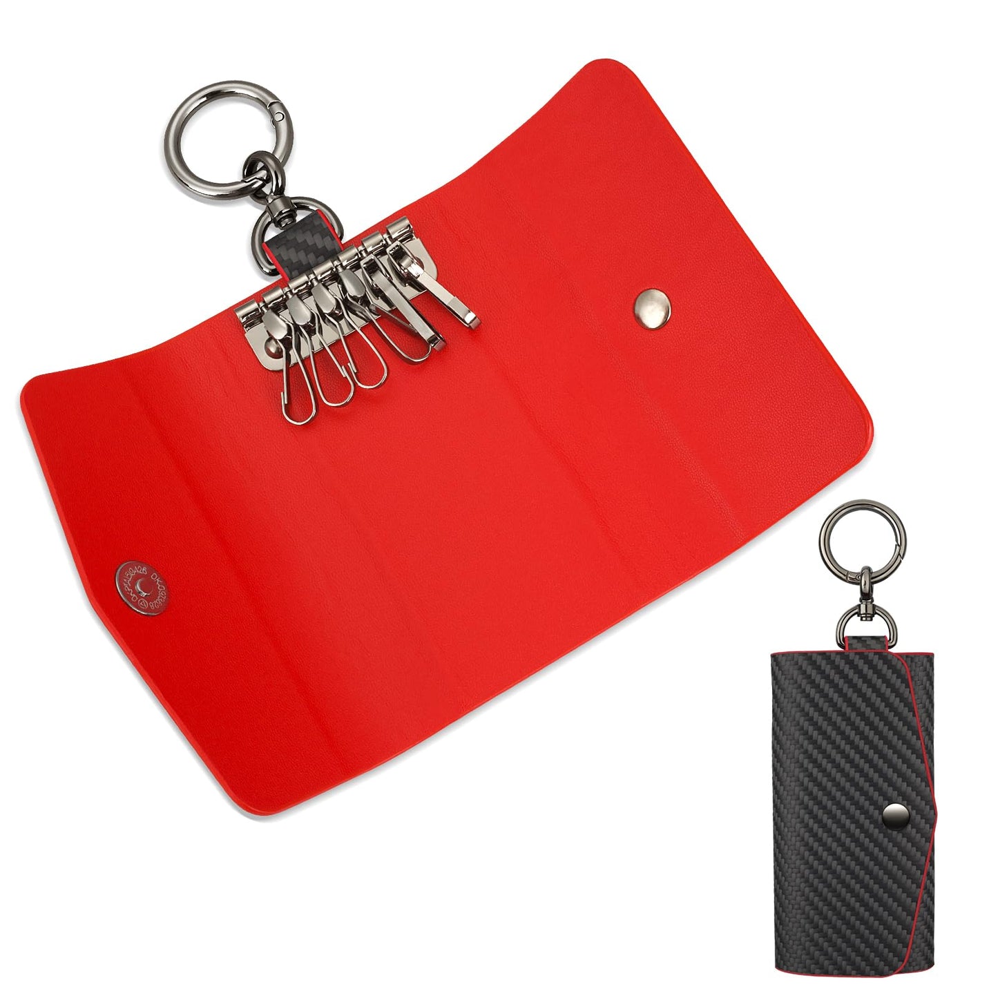 Leather Keychain Wallets Portable Key Holders Pouch Multiple Key Organizer, Key Holder with 6 Hooks for Men or Women,Carbon Fiber Pattern,Red
